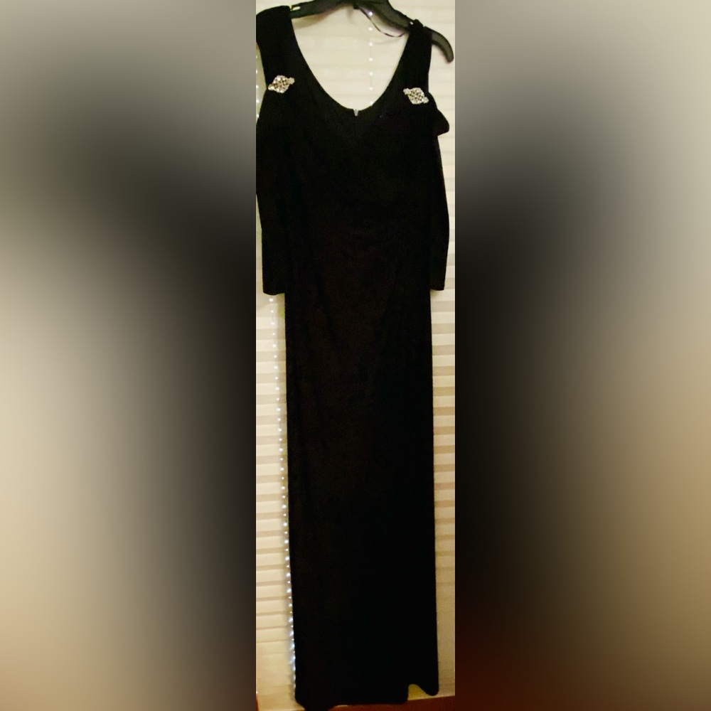 Black long formal dress with faux jewels detailing and cold shoulder- size 6